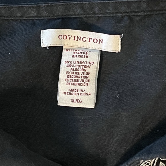 Covington Women's XL Black Embroidered Tunic Blouse Cotton Linen Boho 3/4 Sleeve - Picture 4 of 4